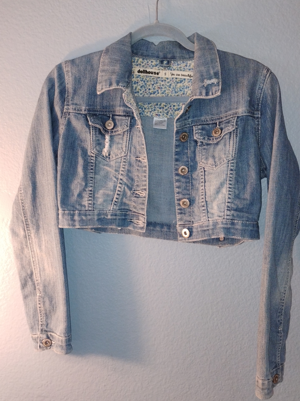 Dollhouse Faded Light Blue Cropped Denim Jacket